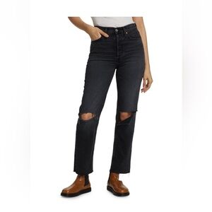 Re/Done Comfort Stetch High Rise Stove Pipe Jeans in Faded Coal with Rips